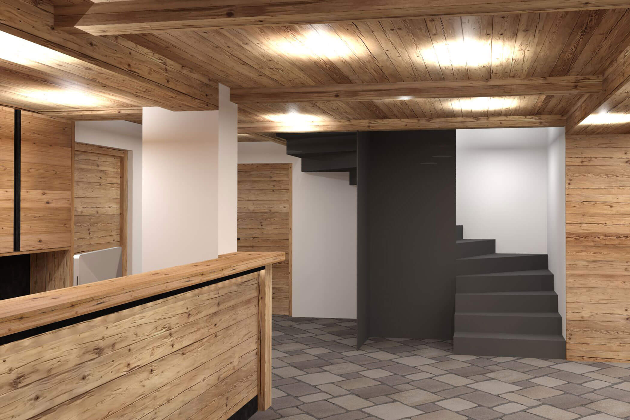 Reception area with a view of a black staircase - Kuenzerhof