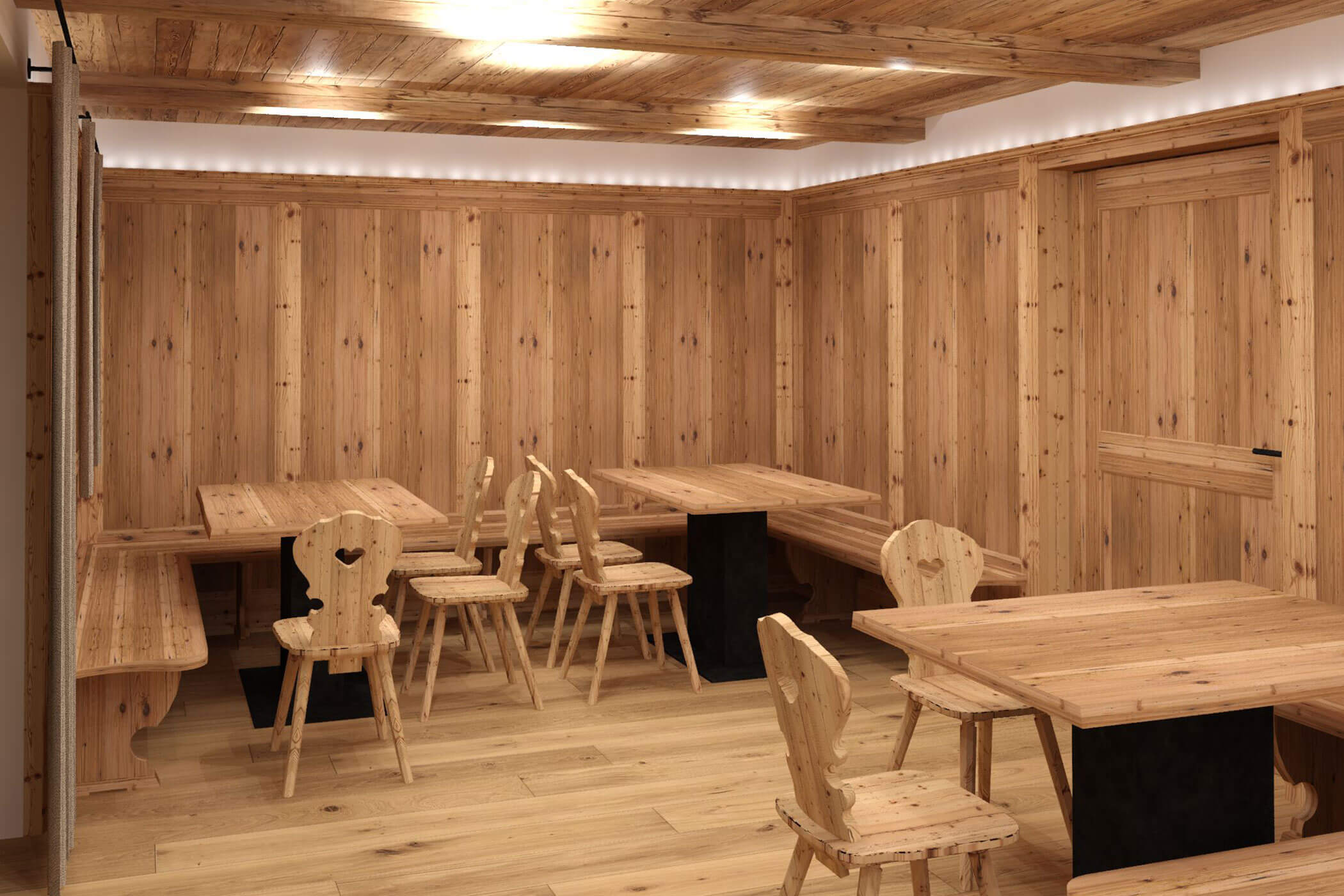 Living room with three tables, chairs, and benches - Kuenzerhof